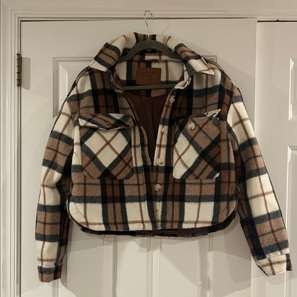 Blank NYC Brown Plaid Cropped Wool Jacket